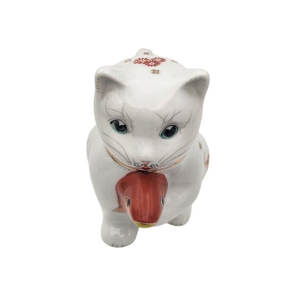 Chinese Porcelain Cat Holding KOI Fish Creamer Pitcher Vintage - Picture 7 of 9